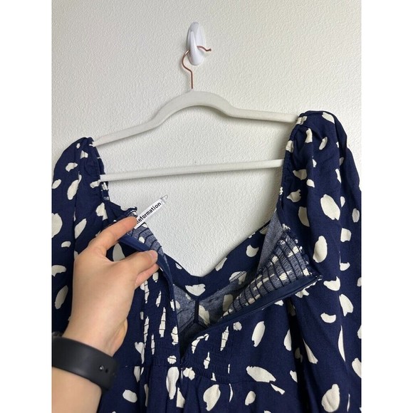 Reformation Women's Cami Mini Dress Splatter Puff Sleeve Navy White Size 4 - Picture 9 of 11